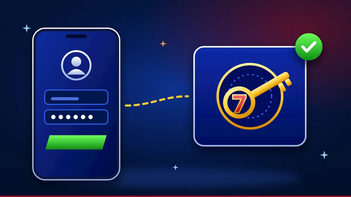 Ілюстрація входу у Вулкан 777: телефон із формою входу, ключ із сімкою в замку та зелена позначка
